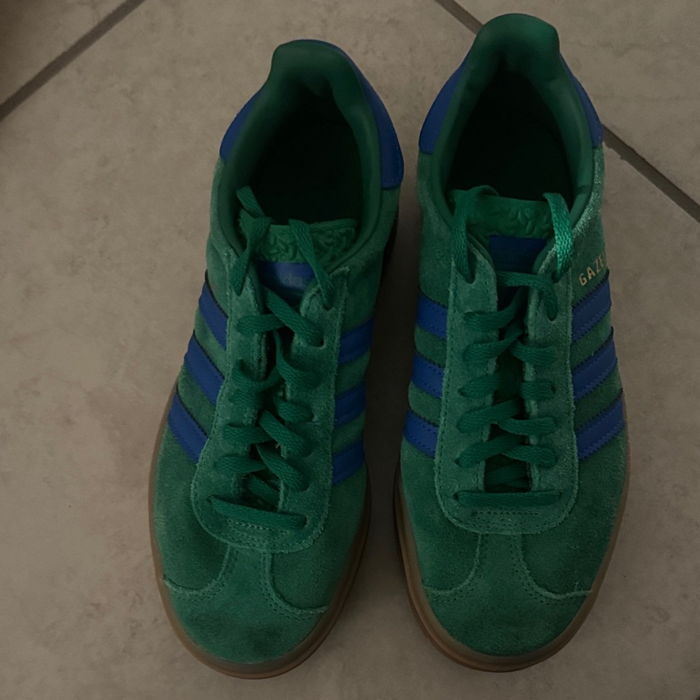 adidas Gazelle Bold Green Suede Sneakers with Blue Stripes